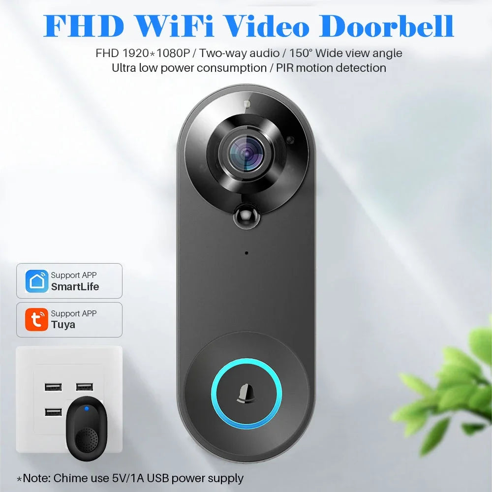 Modern grey 1080p wireless video doorbell with camera, night vision, motion detection and a USB-powered plug-in chime.