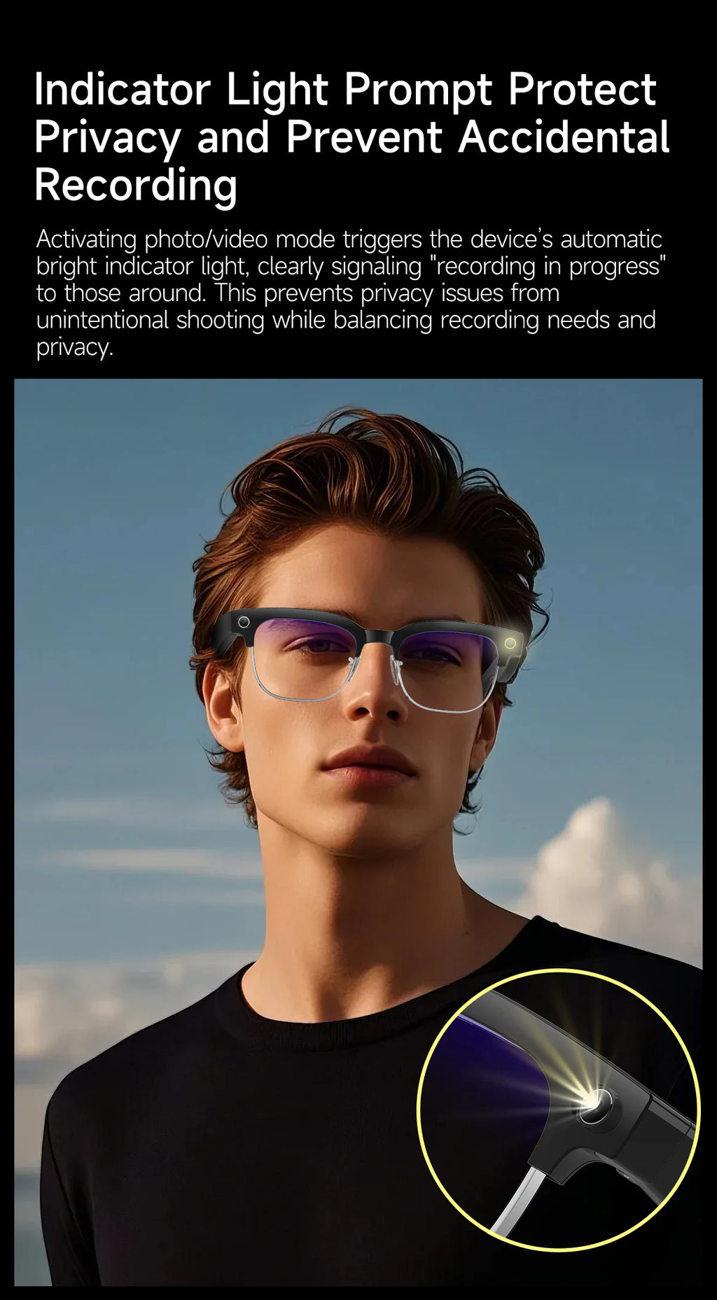A man wearing stylish black smart glasses featuring an illuminated indicator light to signal when recording.