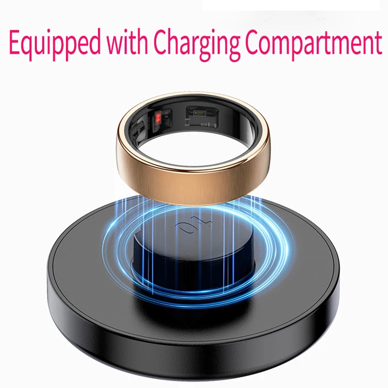 Rose gold smart health ring hovering above a black wireless charging dock with glowing blue light effect.