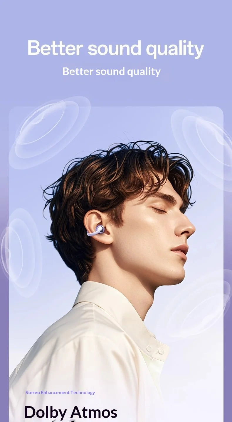 Young man wearing a light purple, modern ear-clip style wireless earphone against a light purple background.