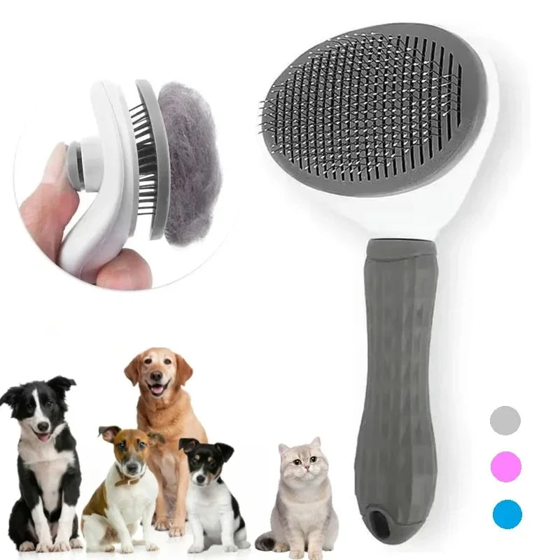Grey and white self-cleaning pet slicker brush with a textured handle, shown with fur being removed from the bristles.