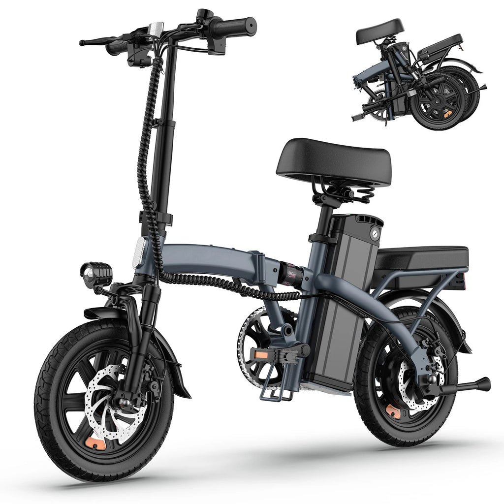Gray foldable electric bicycle with a black seat, battery pack, small wheels, headlight, and a folded inset view.