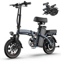 Grey foldable electric bike with black seat, battery pack, headlight, and small wheels; folded inset shown.