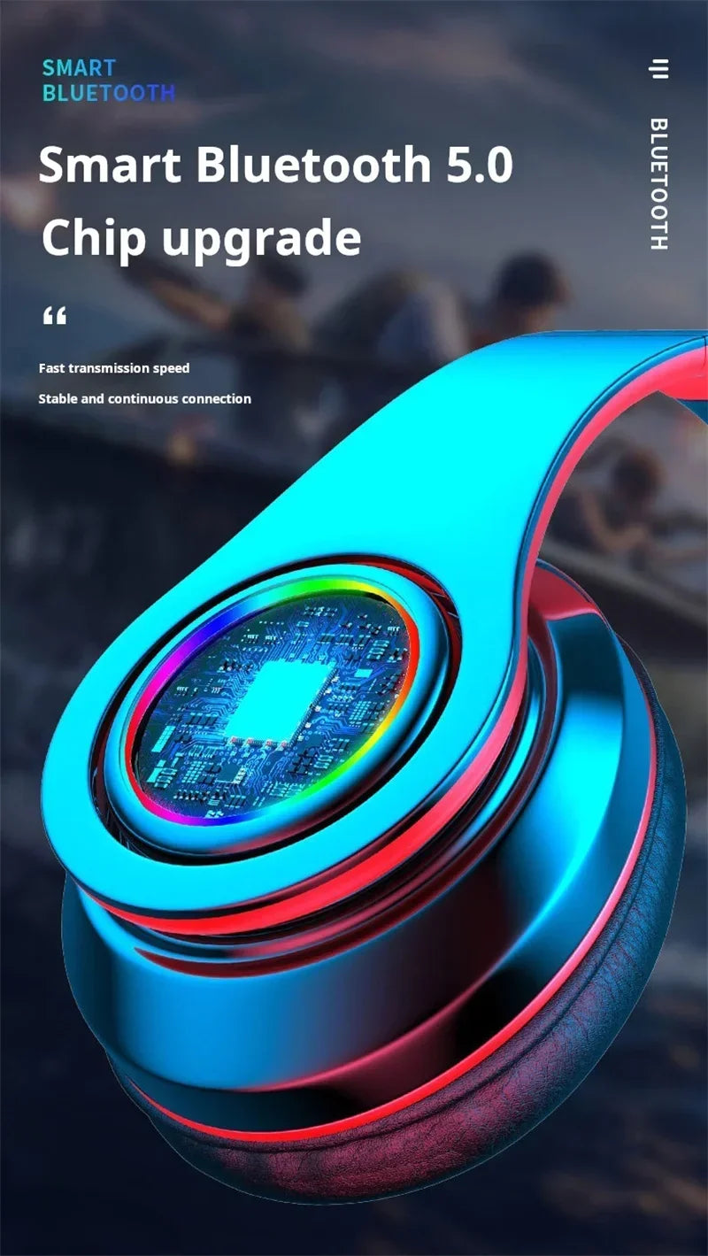 Stylish blue wireless gaming headset with a glowing RGB ear cup featuring a visible circuit board design.