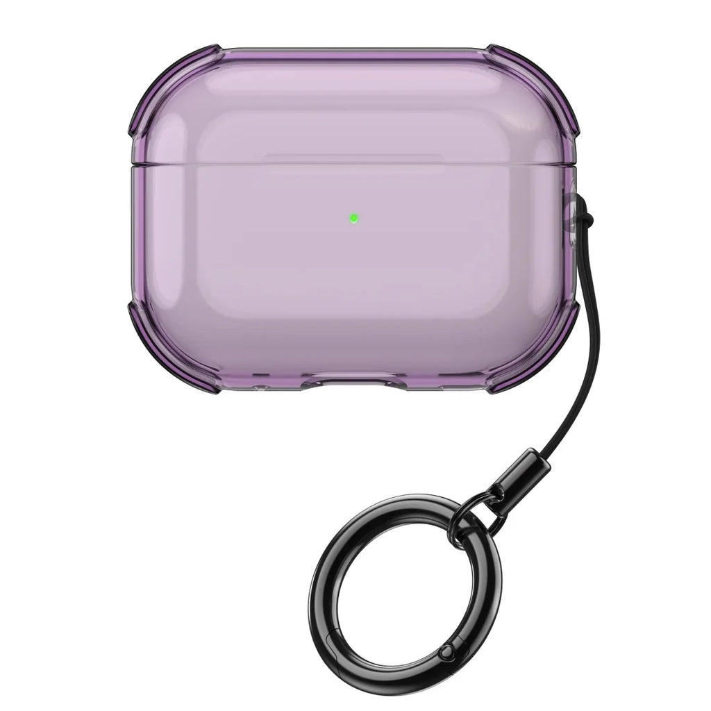 Transparent purple protective case for AirPods Pro with a black keyring attachment.