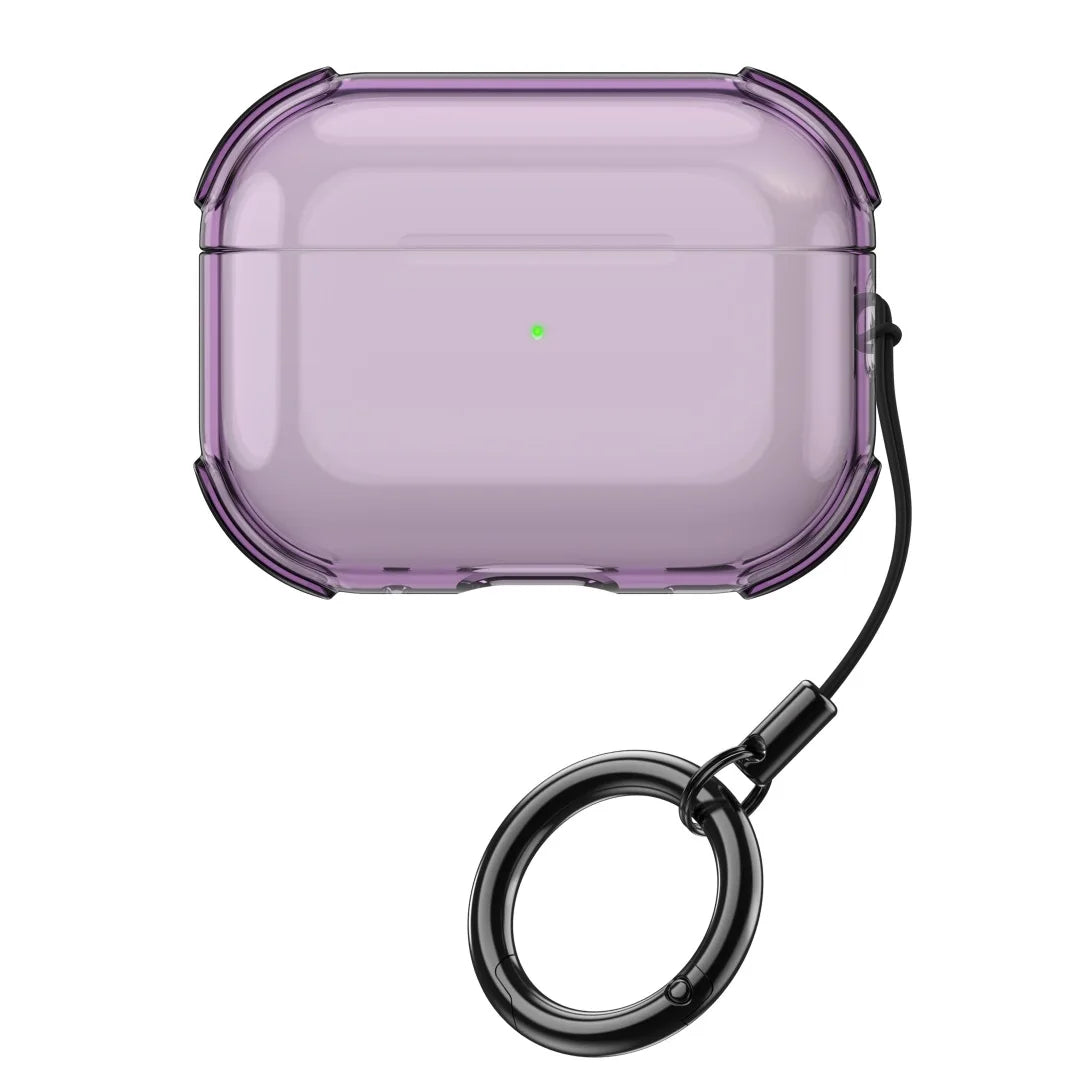 Transparent purple protective case for AirPods Pro with a black keyring attachment.