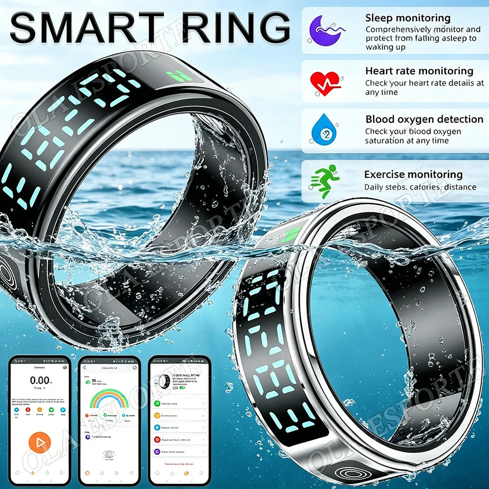 Sleek black and silver smart health rings in water, with icons for heart rate, sleep, blood oxygen, and activity data.