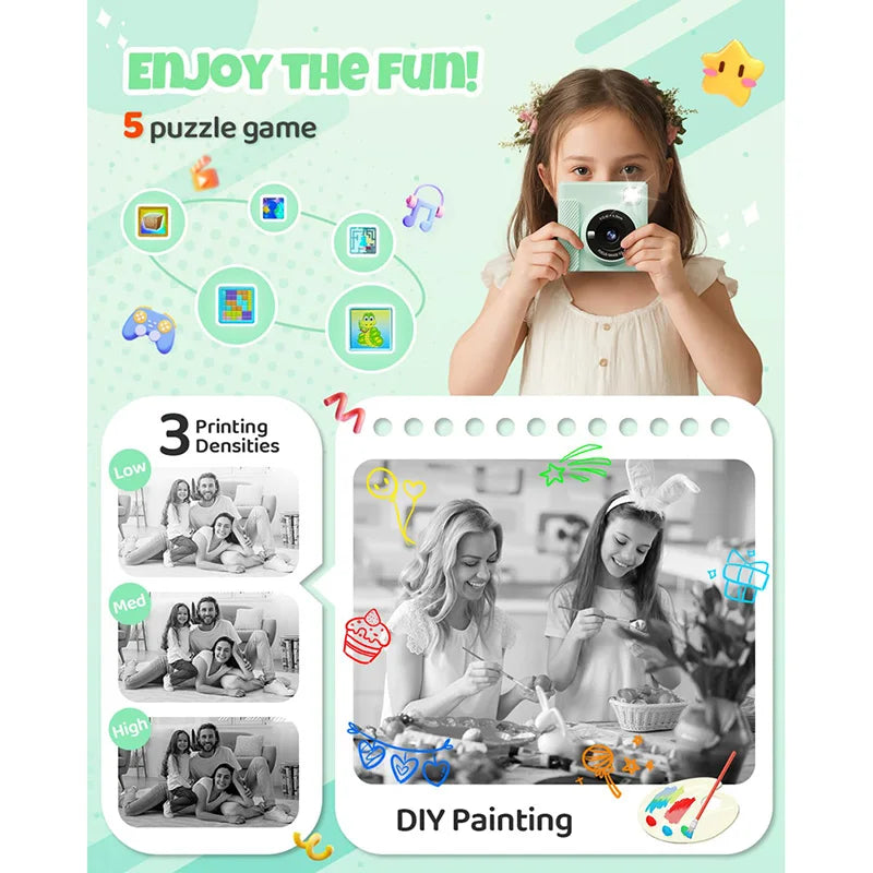Mint green plastic digital instant print camera for kids with 5 built-in puzzle games and 3 print density settings.