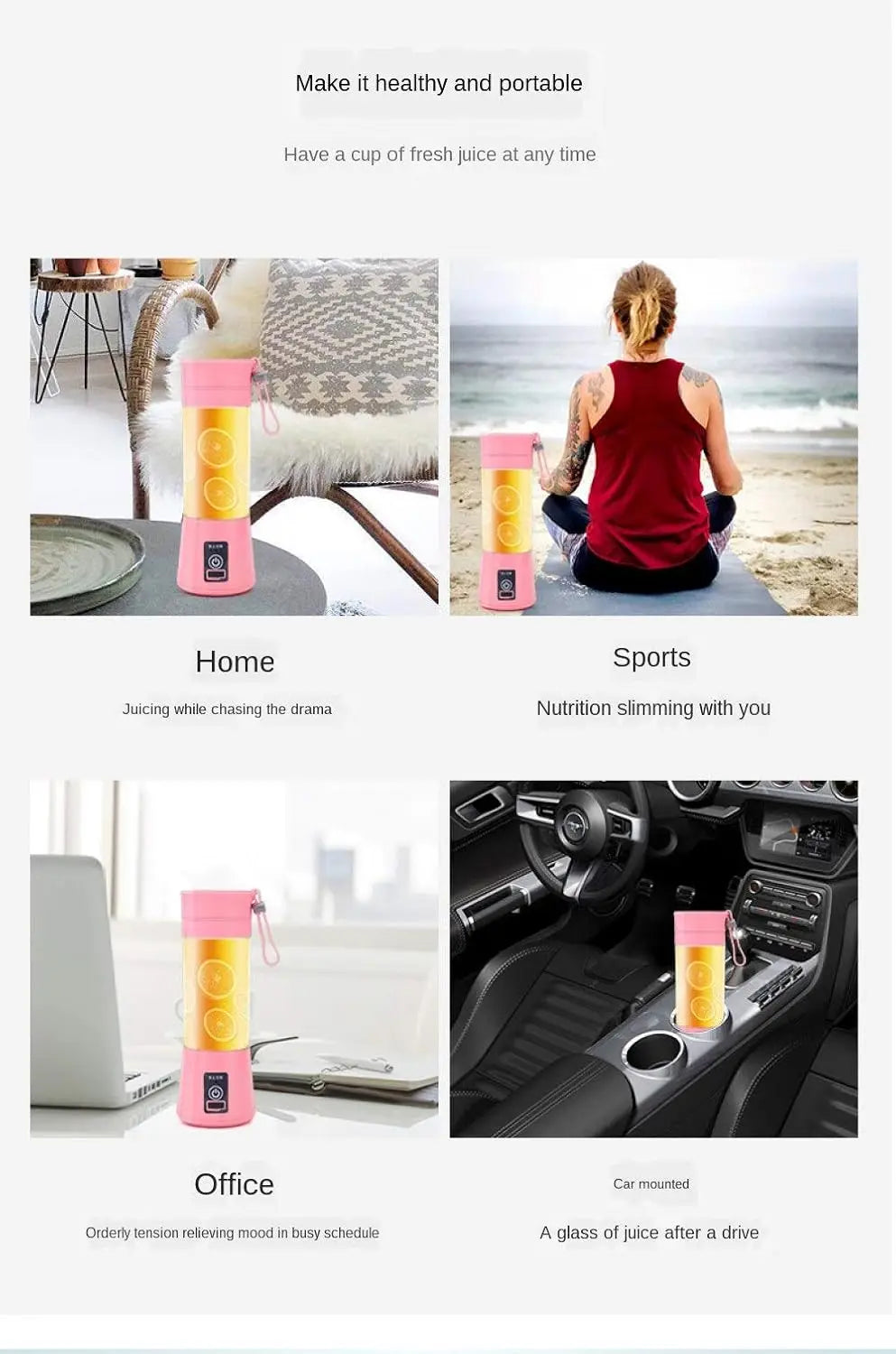 A portable, pink electric blender cup with a clear middle section, shown in various lifestyle settings.
