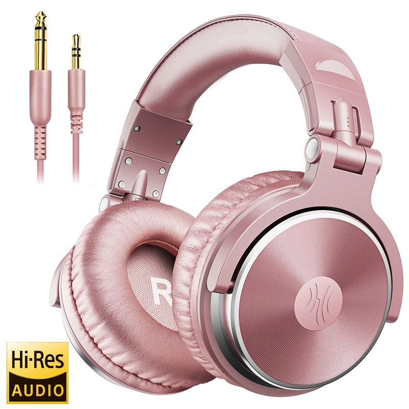 Rose gold wired over-ear studio headphones with cushioned ear pads, adjustable headband, and two audio jack cables.