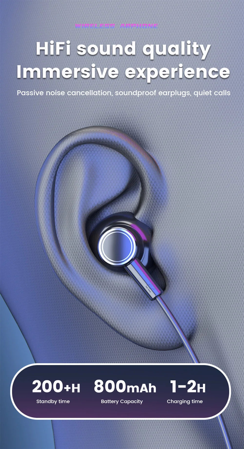 Black wireless neckband earphones with a glowing LED ring, shown worn in-ear for a sleek, immersive audio experience.