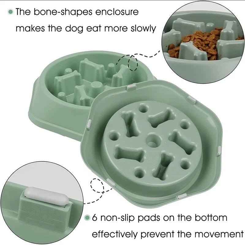 Sage green slow-feeder dog bowl with bone-shaped dividers and non-slip bottom pads to prevent movement.