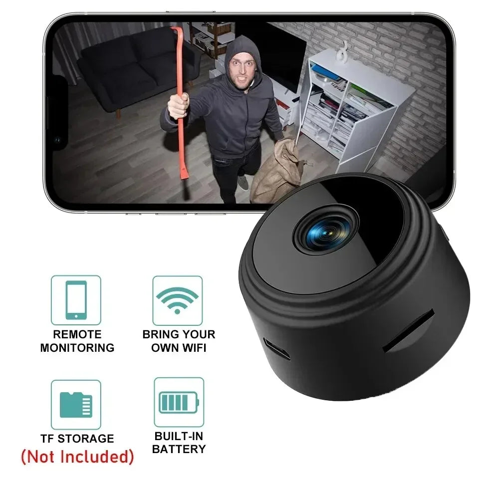 Small black circular plastic Wi-Fi security camera with TF card slot, built-in battery, and remote monitoring.