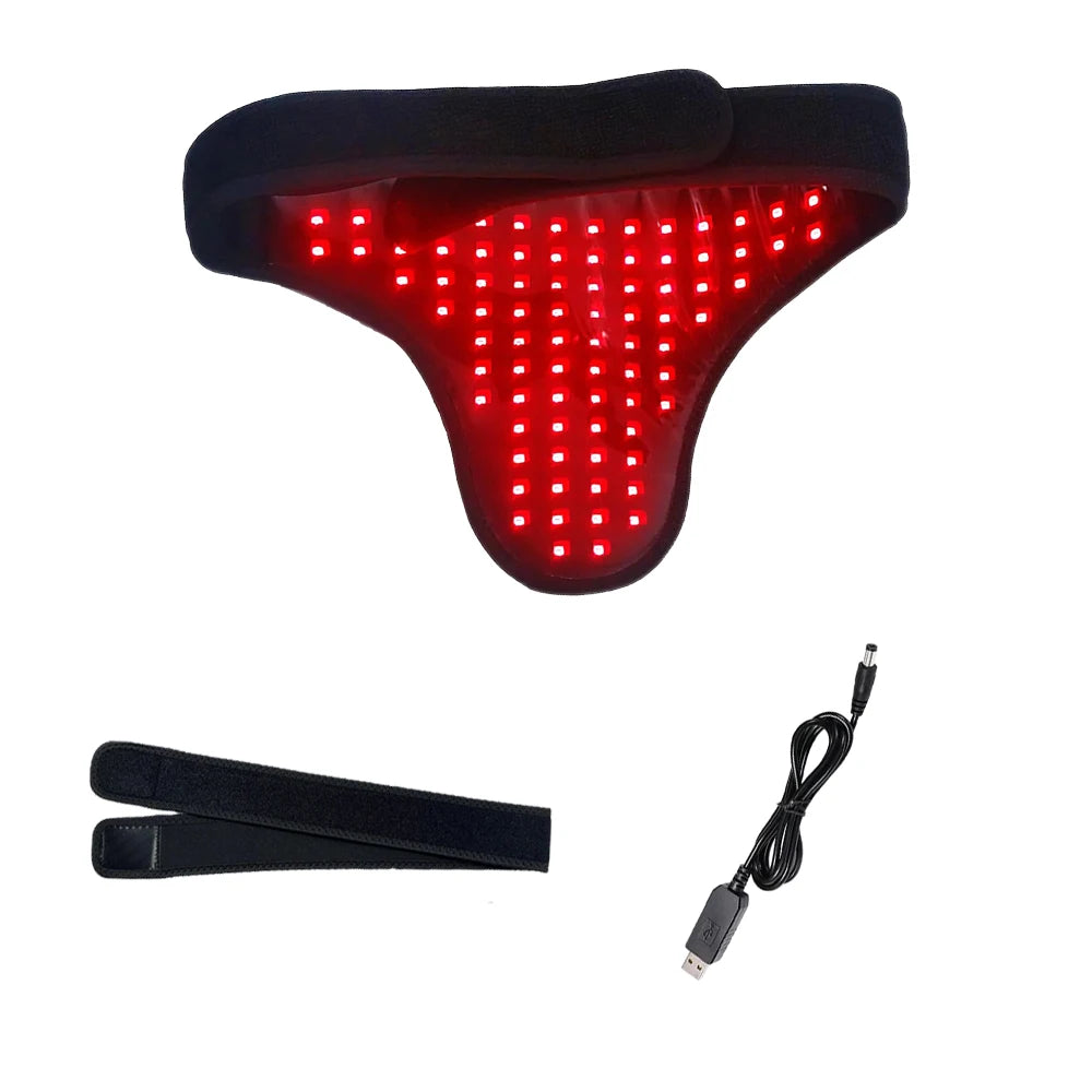 Black wearable red light therapy wrap with a grid of bright red LEDs, plus a strap and USB cable.