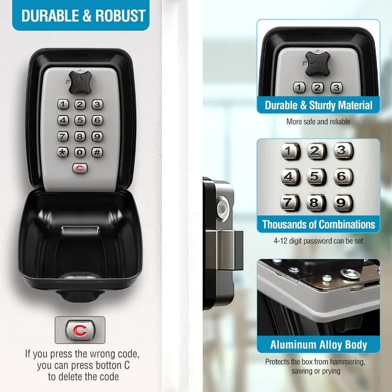 Black and grey aluminum alloy key lock box with a numeric keypad and protective door.