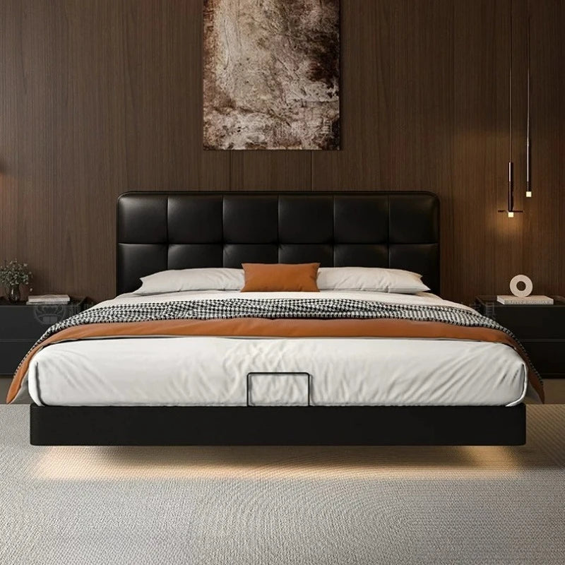Modern luxury double bed with a black tufted leather headboard and a floating base featuring warm under-bed lighting.