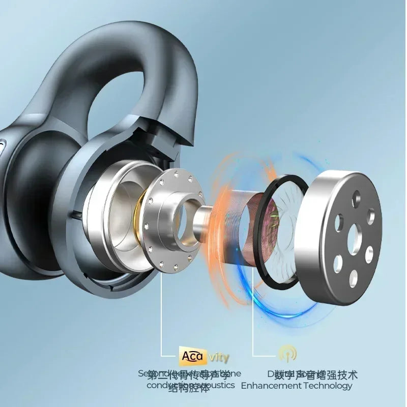 Exploded view of gray wireless bone conduction headphones showing internal metal components and acoustic technology.