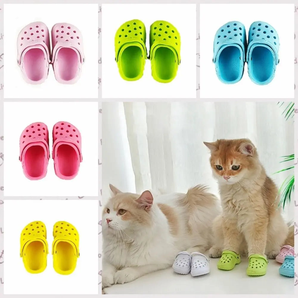 Multi-coloured, perforated non-slip cat sandals in a classic clog style, shown individually and worn by two cats.
