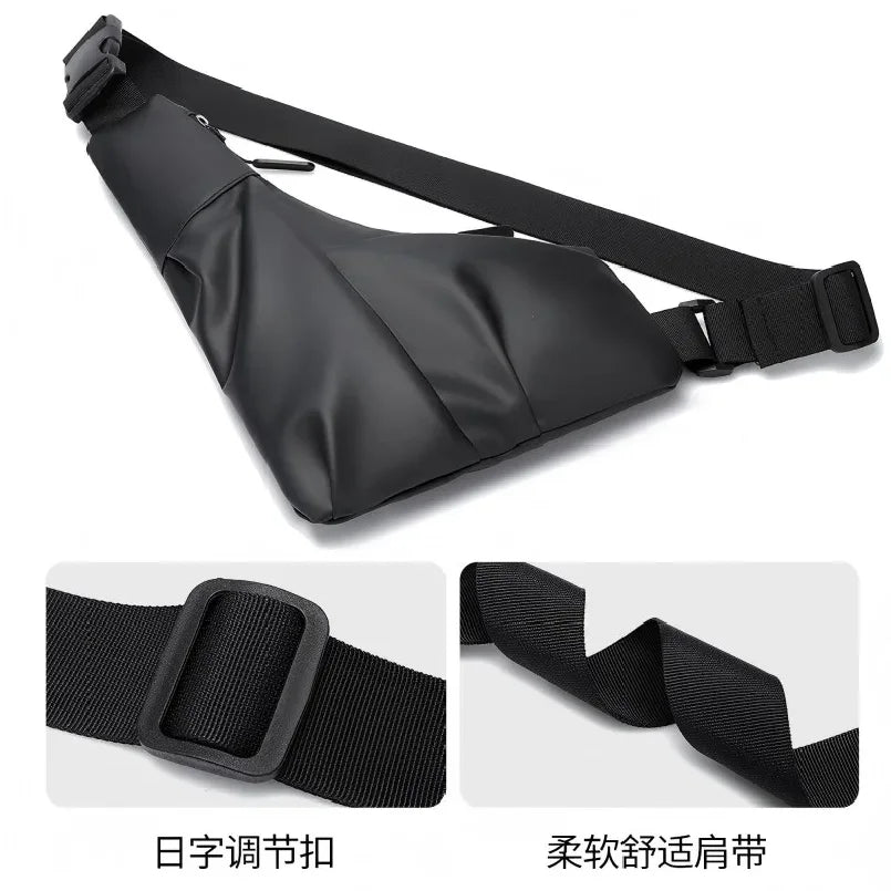 Sleek black triangle crossbody chest bag featuring a durable, adjustable strap and secure zip fastening.