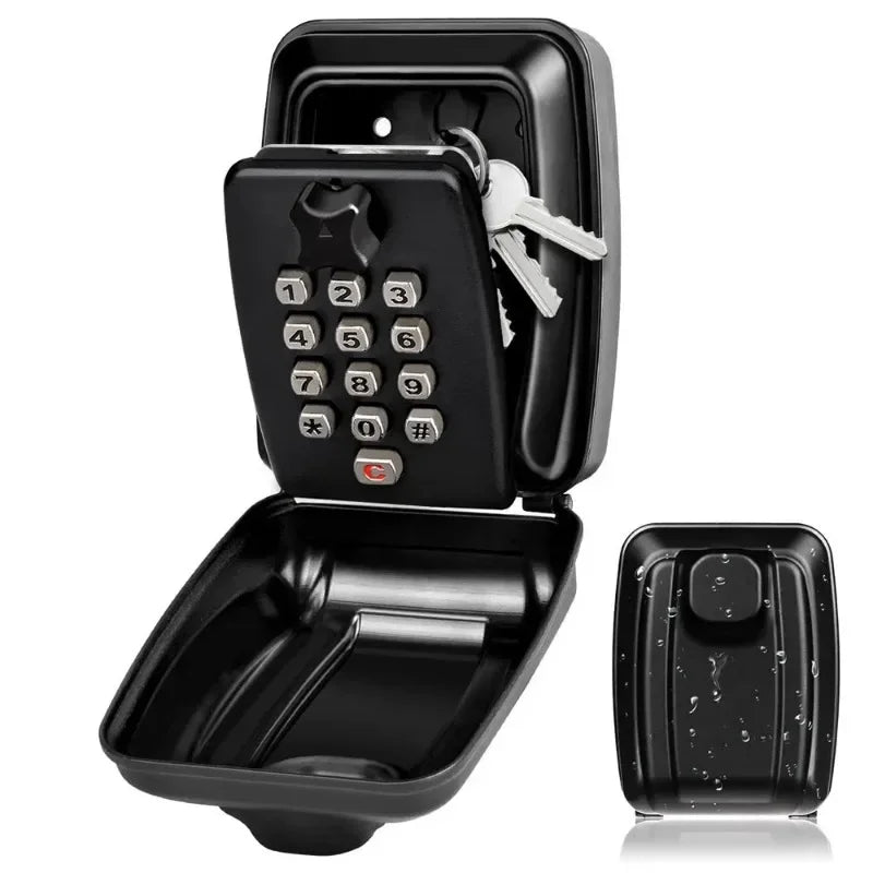 Black metal wall-mounted key lock box with a push-button numeric keypad, shown open and closed.
