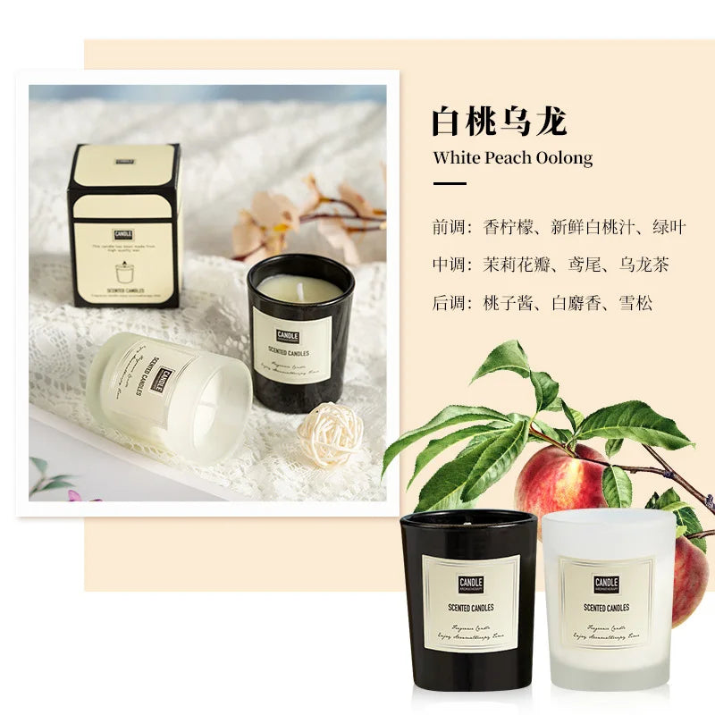 White Peach Oolong scented candles in minimalist black and frosted white glass jars with labels, displayed elegantly.
