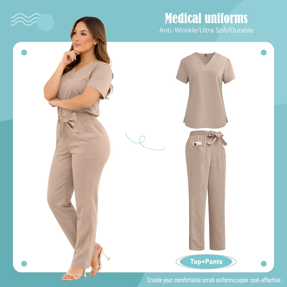 Beige professional scrub set with a V-neck top and tapered trousers featuring an elasticated tie waist and pockets.