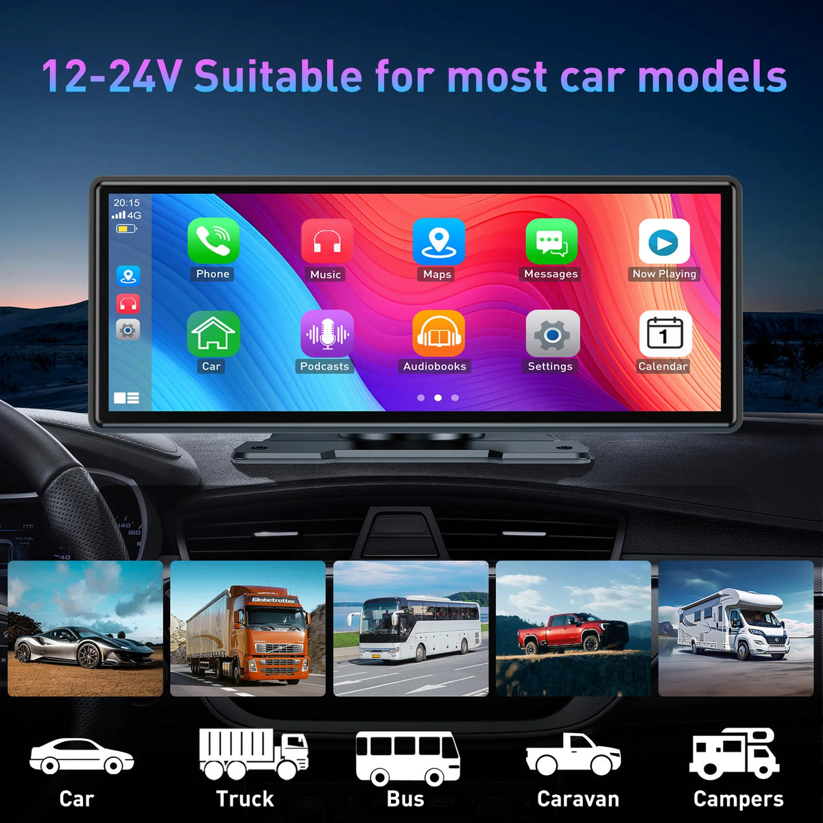 Black 10.26-inch portable touchscreen car stereo mounted on a vehicle dashboard displaying colorful app icons.