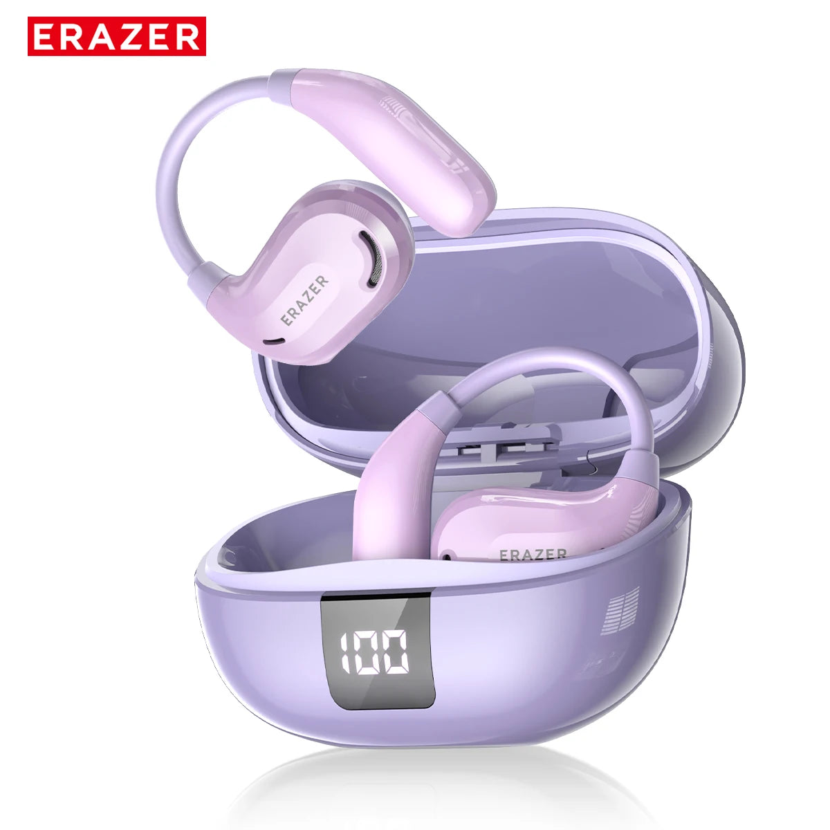 Light purple, open-ear wireless earbuds with a matching charging case featuring a digital battery display.