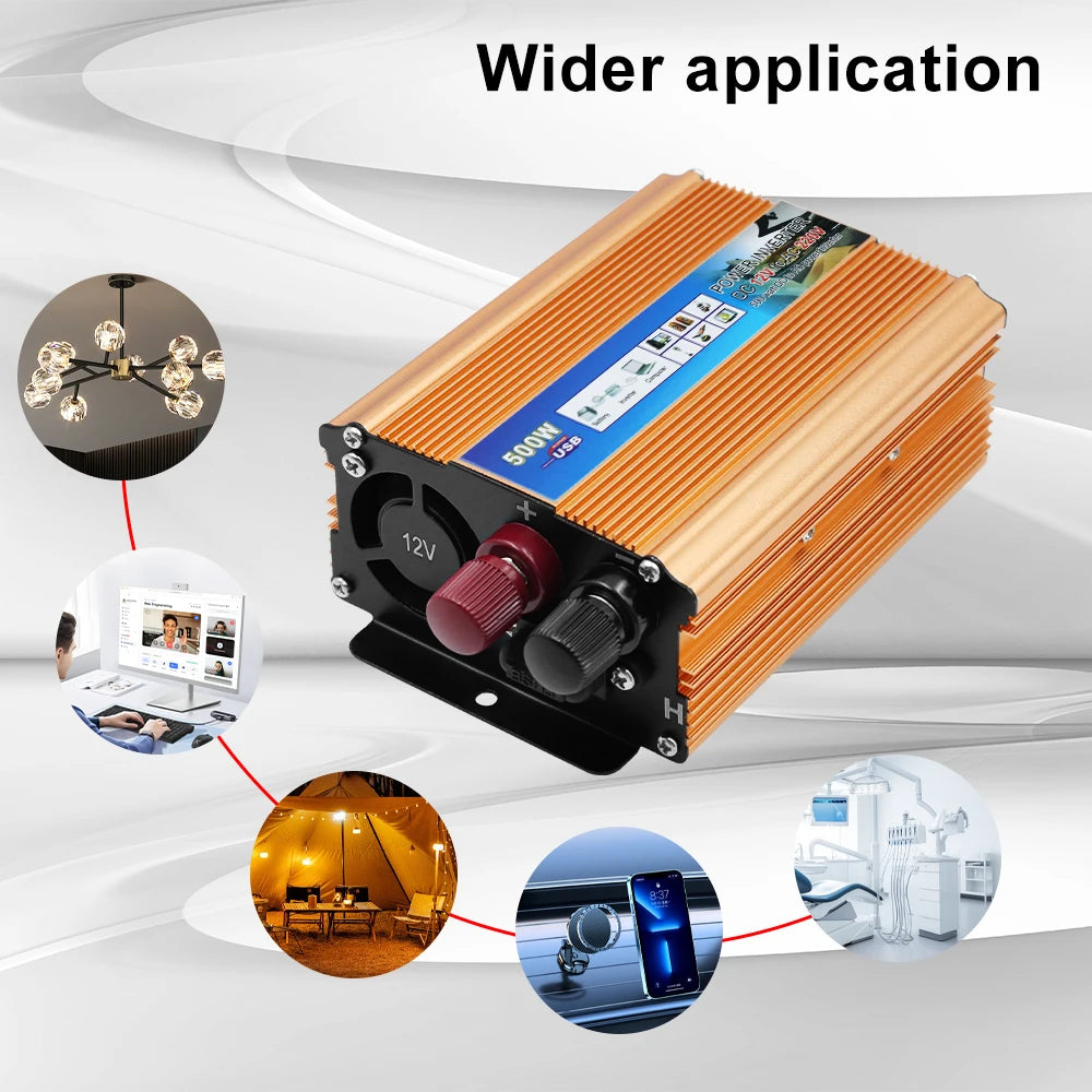 Gold 500W portable car power inverter with cooling fan, input terminals, and USB ports, showing various device uses.