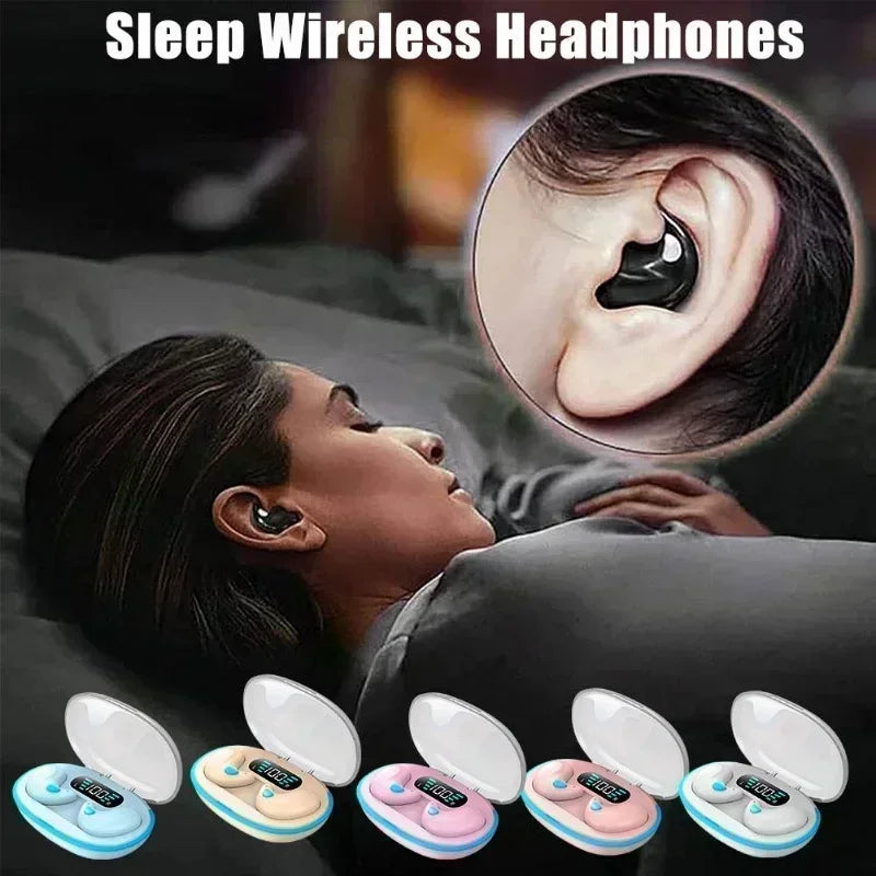 Wireless sleep earbuds with a snug, black in-ear design. Shown with five charging cases in pastel color options.
