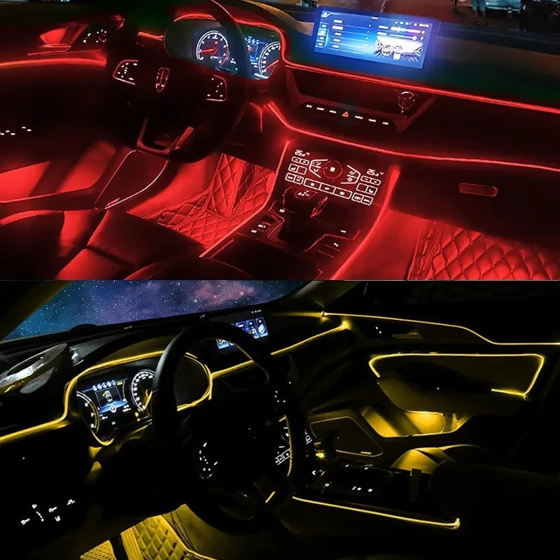 Car interior LED ambient fiber optic light kit illuminating the dashboard and doors in red and yellow.