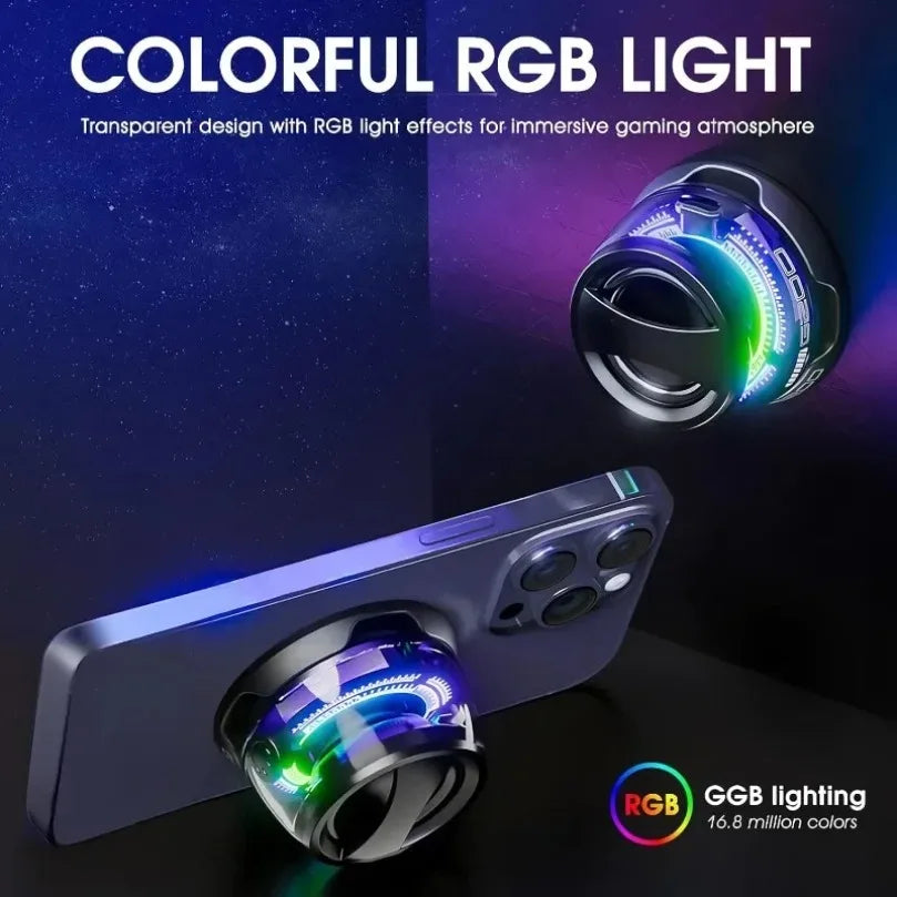 Portable black speaker with a transparent casing, vibrant RGB lighting, and an integrated phone holder.