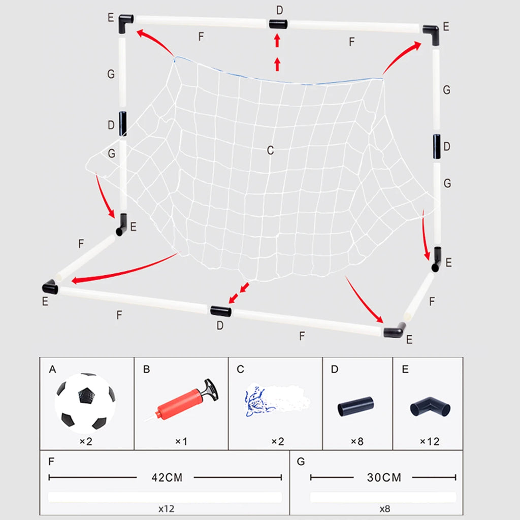 Flat-pack white portable football goal set with net, two balls, pump, and assembly components shown in a diagram.
