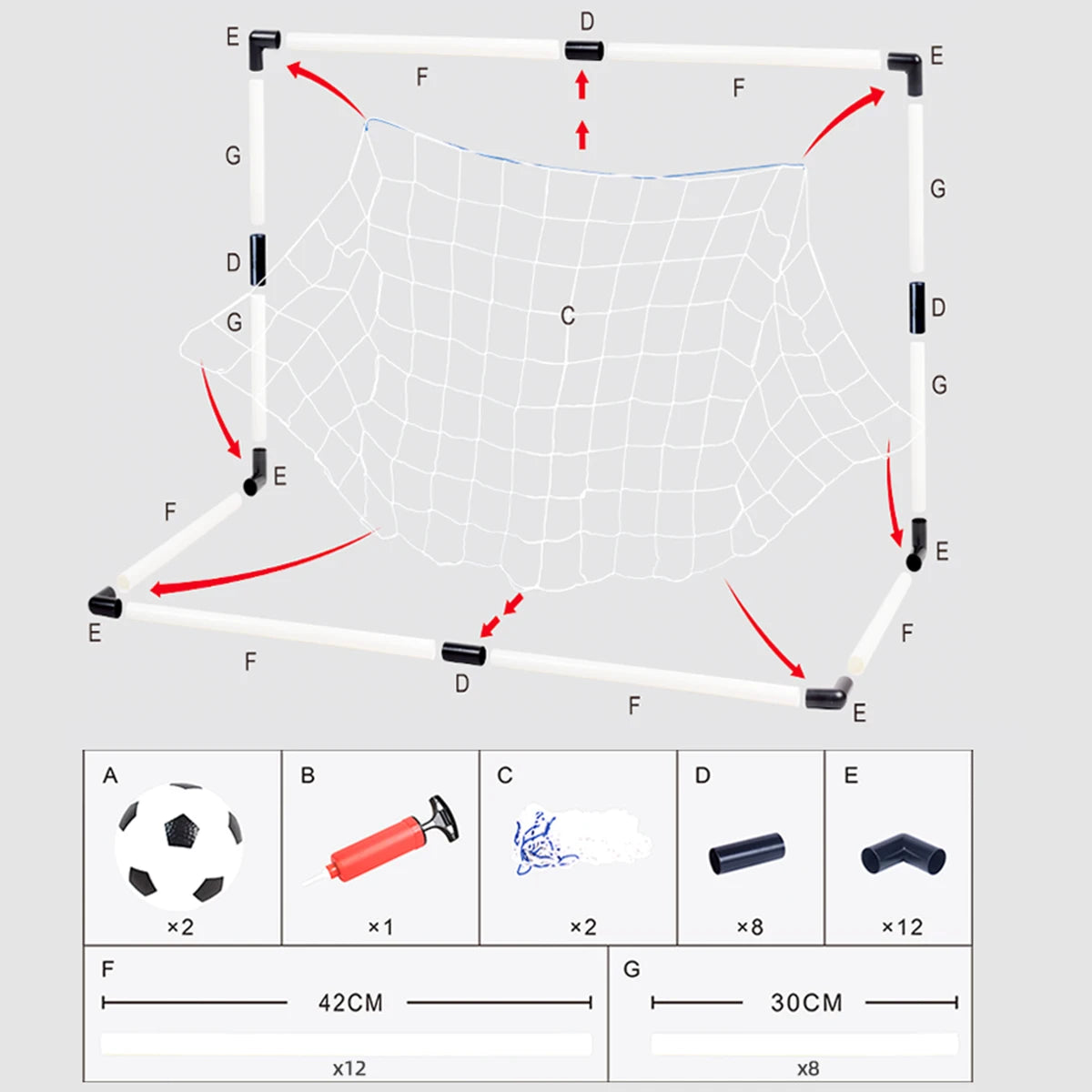 Flat-pack white portable football goal set with net, two balls, pump, and assembly components shown in a diagram.