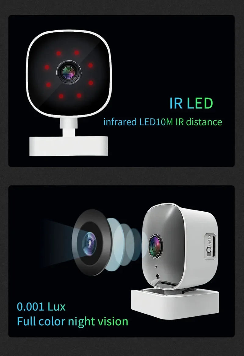 Mini white security camera featuring infrared night vision and high-sensitivity full-colour night recording.