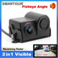 Black HD vehicle reversing camera with fisheye lens, integrated parking sensor, and guidance display screen.