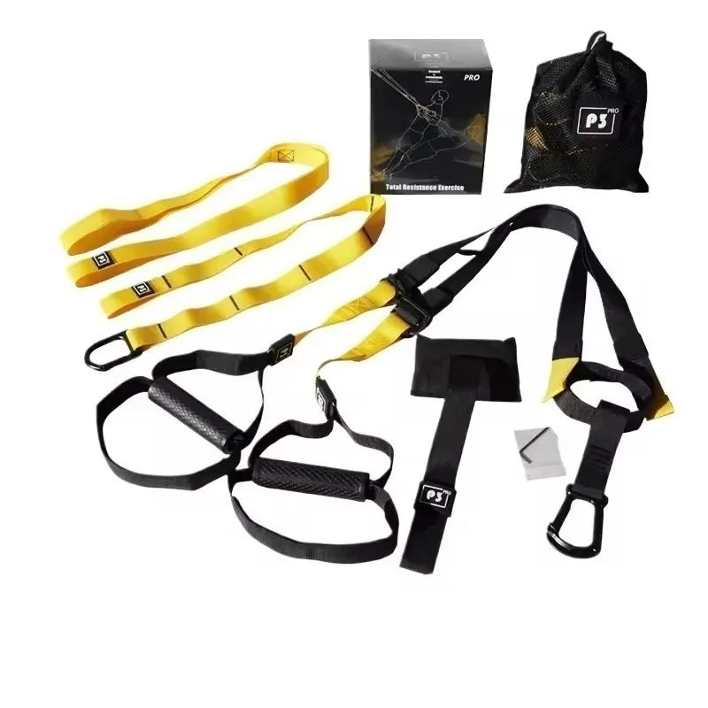 Black and yellow suspension training system with handles, straps, door anchor, mesh bag, and box.