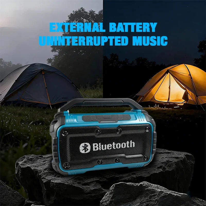 Rugged blue and black portable wireless speaker with a top handle, set against a night-time camping background.