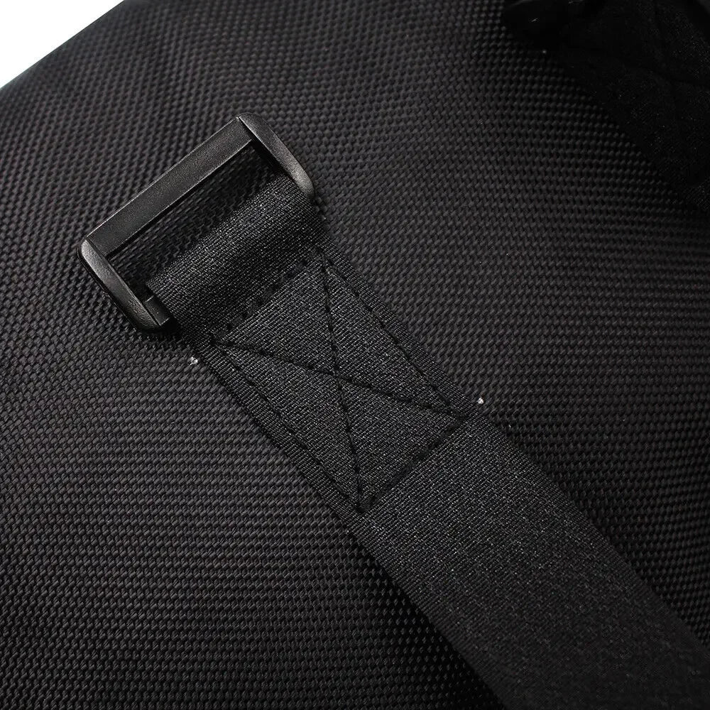 Black waterproof electric scooter storage bag with reinforced strap and plastic buckle.