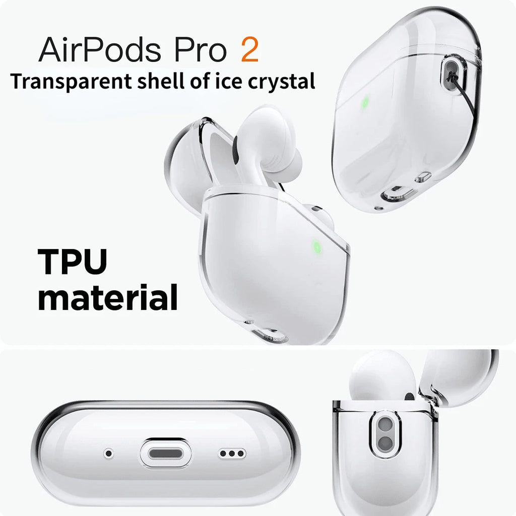 Clear TPU crystal case for AirPods Pro 2, featuring a transparent, slim-fit design for protective, stylish look.