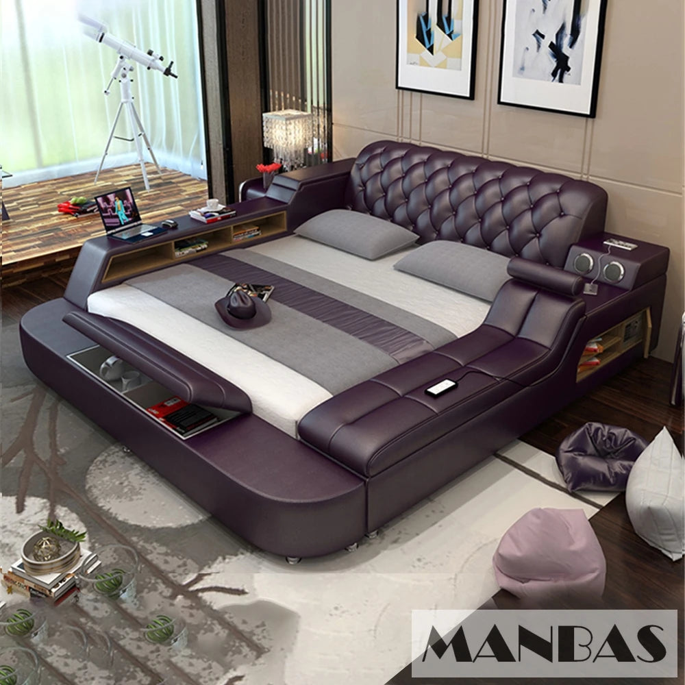 Luxury deep-purple upholstered platform bed with tufted headboard, integrated storage, speakers, and LED lighting.