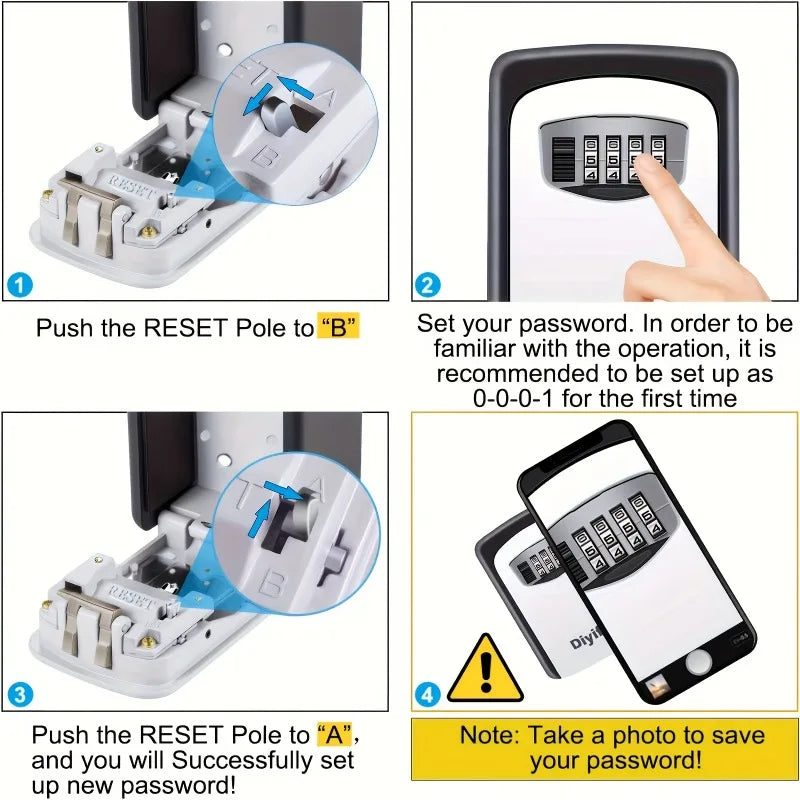 Four-step diagram showing a black and grey metal wall-mount key lock box with a four-digit combination dial.