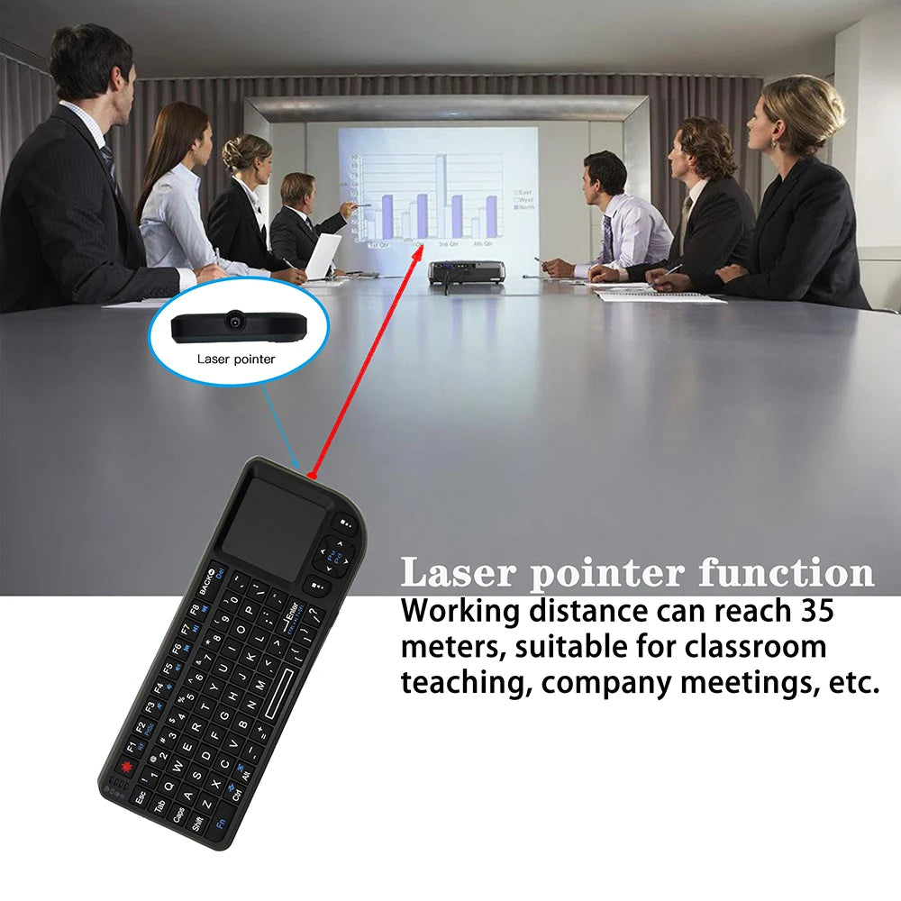 Black plastic handheld mini wireless keyboard with a built-in laser pointer and touchpad.