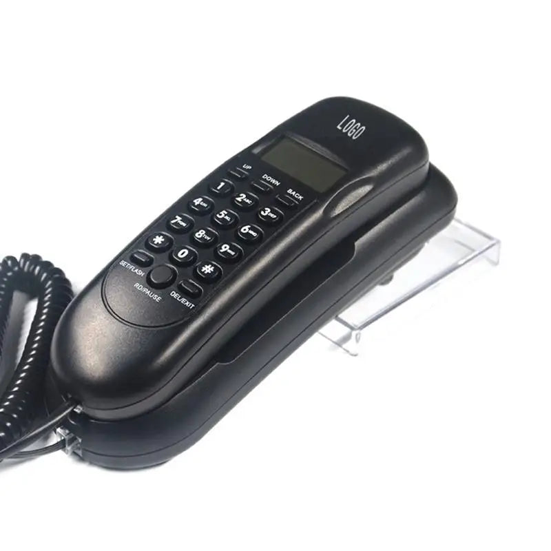 Black wall-mountable corded landline telephone with a built-in LCD display screen and numeric keypad.