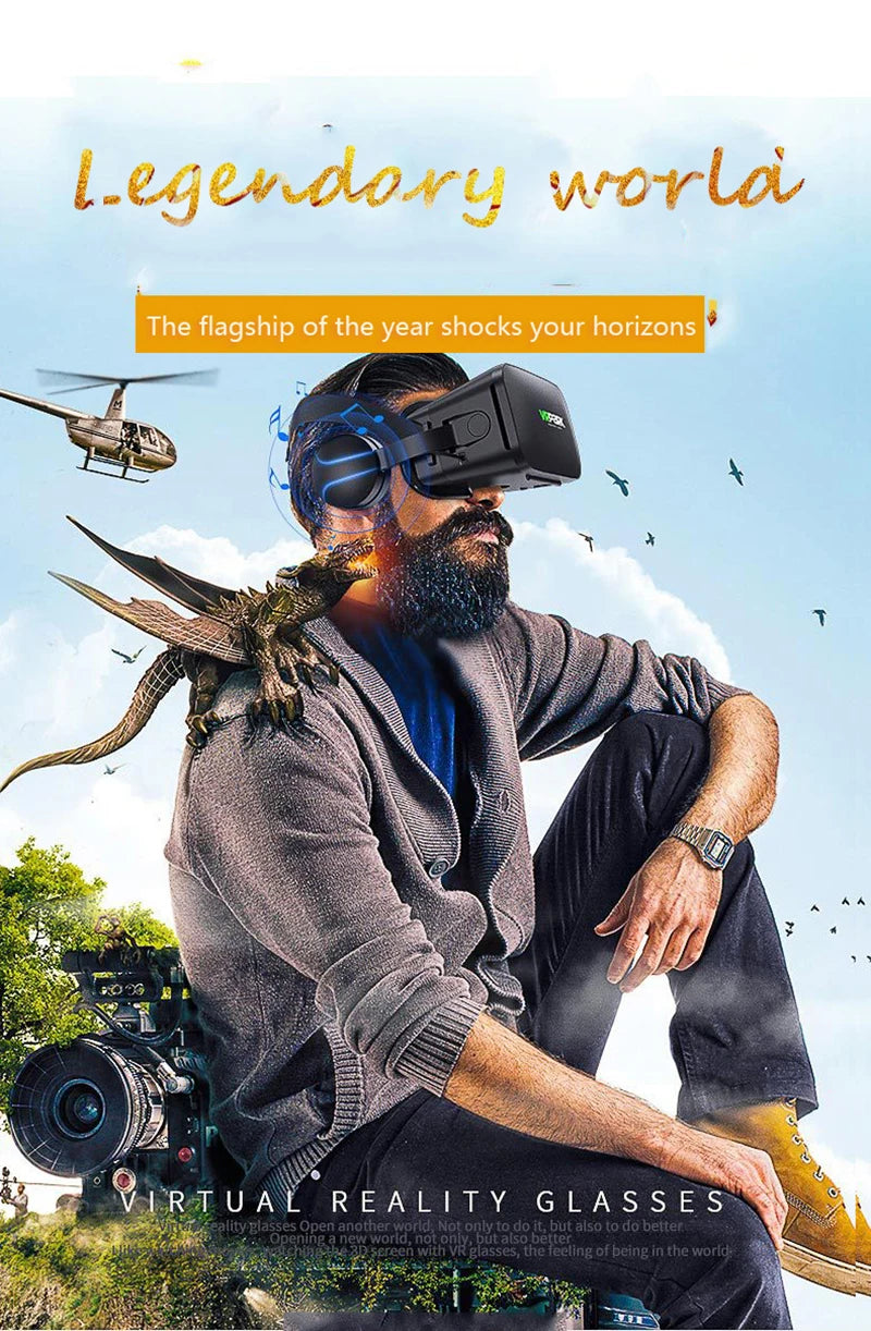 A man wearing black VR headset glasses and integrated headphones in a fantastical, digitally-composed fantasy scene.