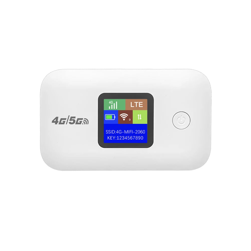 Compact white portable 4G LTE wireless WiFi hotspot router with a digital display screen and a power button.