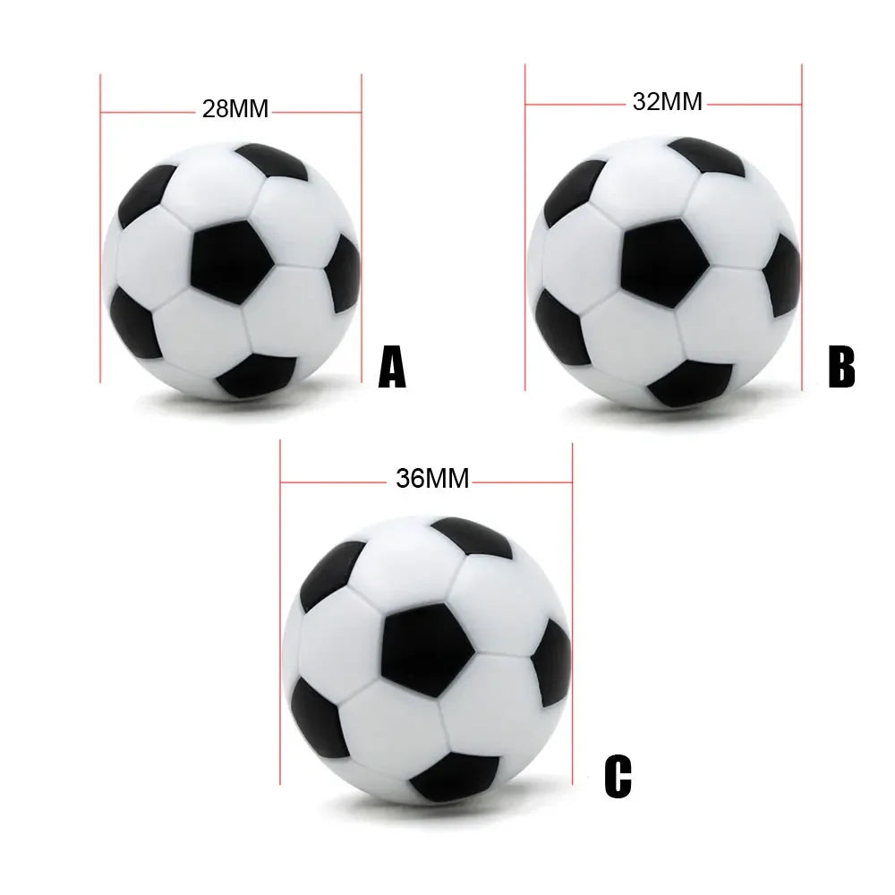 Three black and white football-patterned balls, shown in 28mm, 32mm, and 36mm size options.