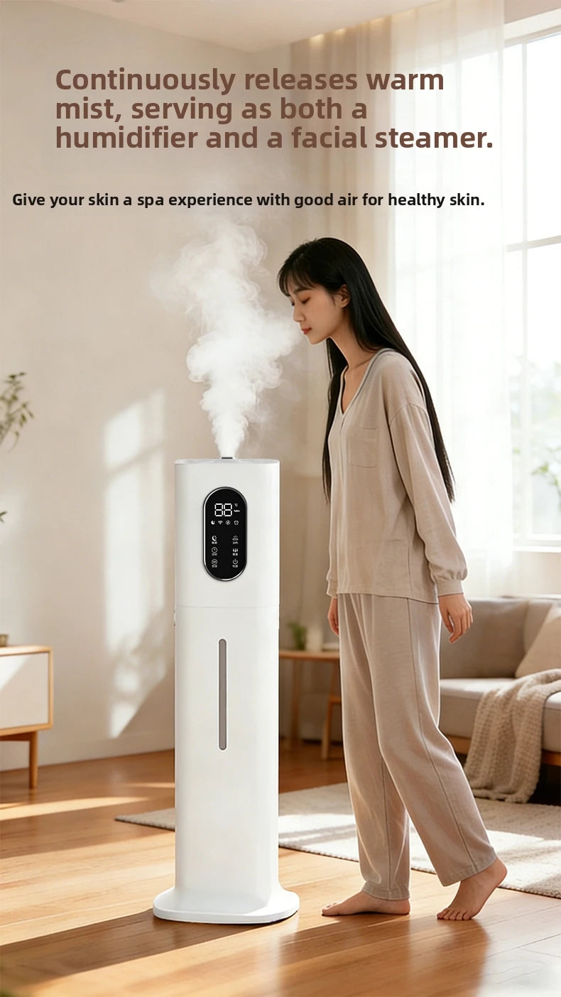 Tall white 8L ultrasonic humidifier with digital display, releasing warm mist in a modern living room.