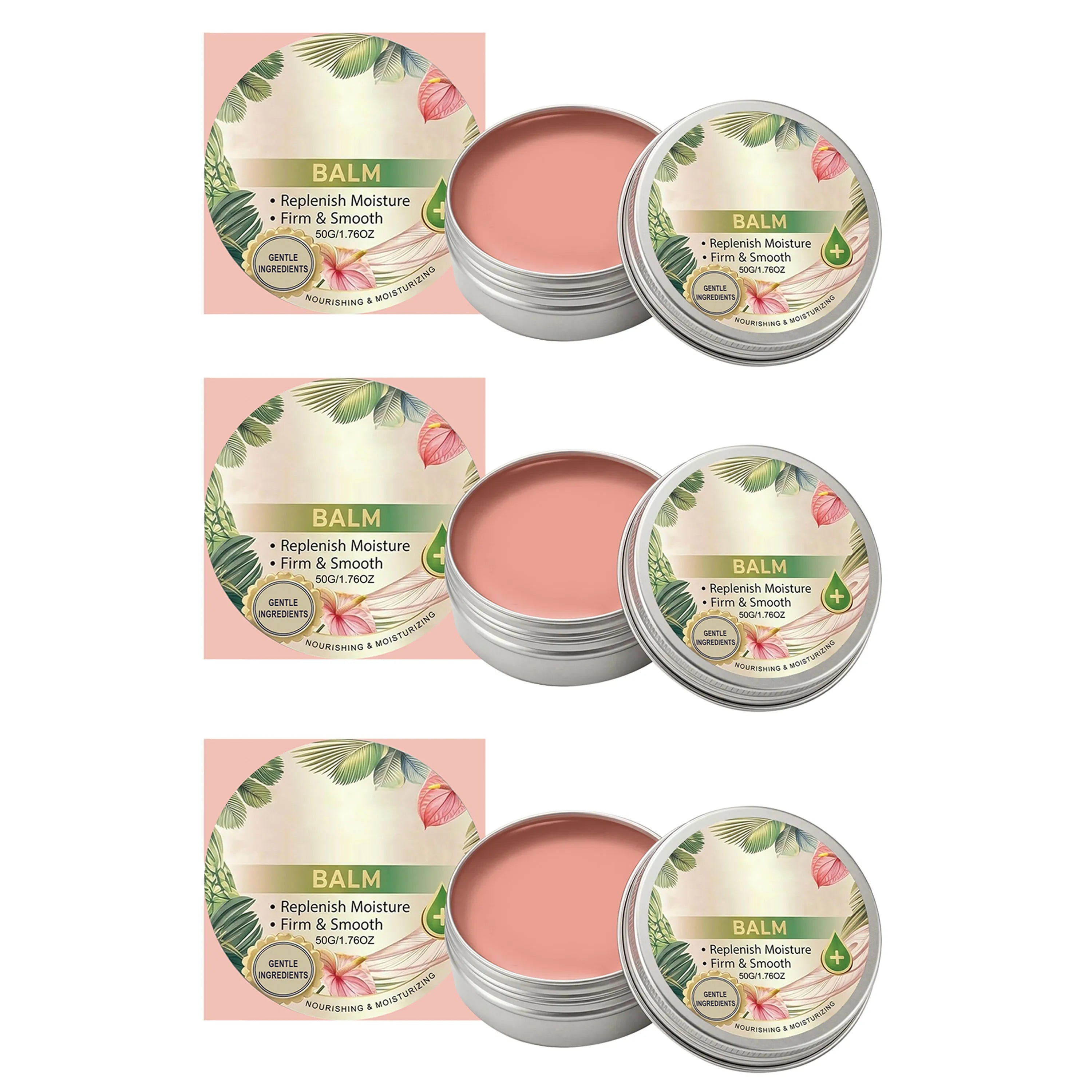 Three tins of pink firming and moisturizing skin balm with tropical leaf and floral design on the lids.