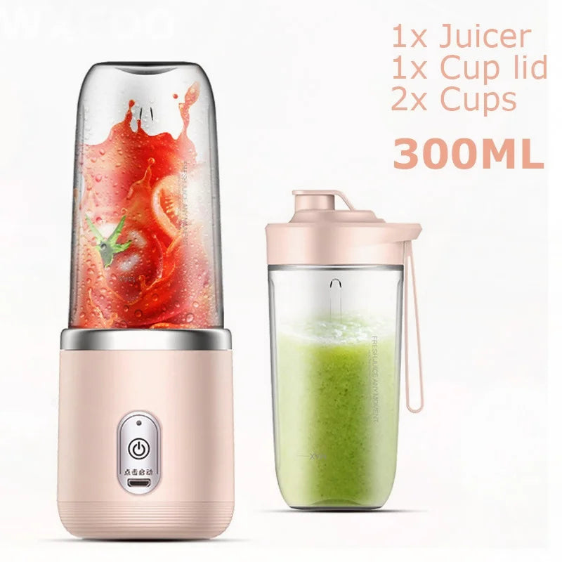 A portable 300ml pink electric juicer with two clear cups and a lid, designed for making smoothies on the go.